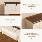 UPOSOJA 60“ Farmhouse Storage Bench with Cushion, Shoe Rack with Slide Barn Doors, Adjustable Shelf and 2 Drawer for Entry, Bedroom, Closet, Living Room, Hallway (White Brown, 60 in)