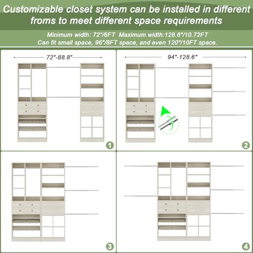Besiost Closet System, Up to 128.6"/10.7 FT Closet Organizer with 4 Wooden Drawers and Shelves, Walk-in Closet System with 6 Hanging Rods, Built-in Closet Can Fit 96"/8FT, 120"/10FT, Greige Oak - color: Greige Oak, size: Style B: 72"—128.6"(W)