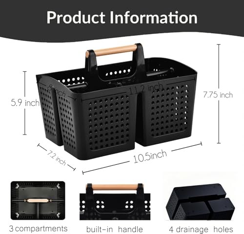 Portable Shower Caddy Basket with Compartments, Plastic Divided Cleaning Caddy Organizer Storage Tote with Handle for Bathroom, College, Dorm Room Essentials, Black - color: Black