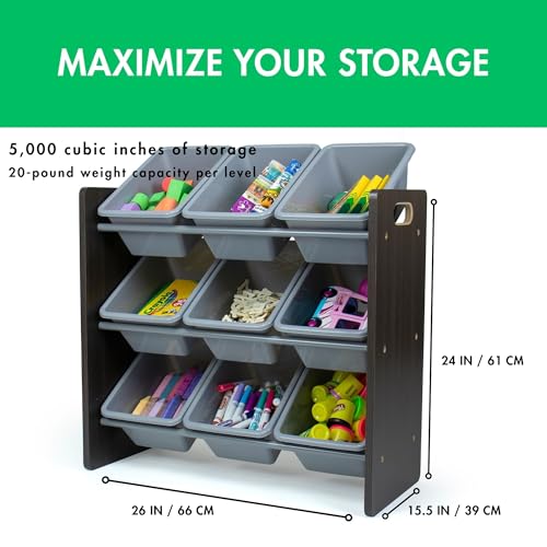 Humble Crew 9-Bin Toy Organizer – Sumatra Espresso/Grey Plastic Bins, 3-Tier Storage Solution for Kids' Playrooms and Nurseries - color: Espresso/Grey