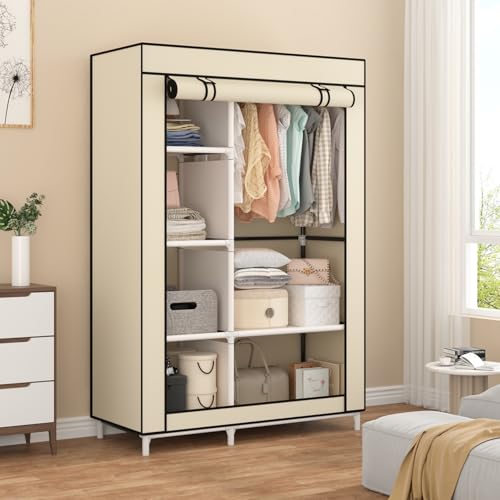 Calmootey Portable Closet Organizers, Clothing Storage, Wardrobe with 6 Shelves and Hanging Rod, Non-Woven Fabric Cover with 4 Side Pockets, Beige - color: Beige