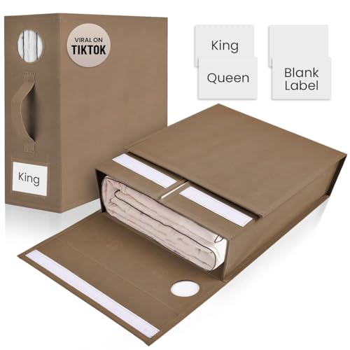 TOSORO 2 Pack Bed Sheet Organizer and Storage, Foldable Storage Organizer for Linen Closet with Viewing Window & Label for Bedding Sheets & Blankets (Queen & King Size) Taupe - color: Taupe, size: 2 Pack