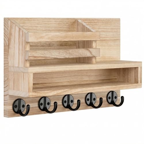 Wall Key Rack - Mail Organizer with 5 Key Hooks, Paulownia Wood, 11.8x7.1 Inches, Apartment Wall Decor, Installation Accessories Included (Light Burn Color) - color: Light burn color