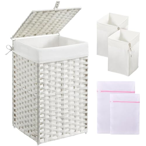 Greenstell Laundry Hamper with Lid, 60L Clothes Hamper with 2 Removable Liner Bags & 2 Mesh Bags, Handwoven Synthetic Rattan Basket, Toys in Bathroom, Bedroom White - color: White, size: 60L (13.4 x 13.4 x 21.7 inches)