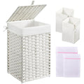 Greenstell Laundry Hamper with Lid, 60L Clothes Hamper with 2 Removable Liner Bags & 2 Mesh Bags, Handwoven Synthetic Rattan Basket, Toys in Bathroom, Bedroom White - color: White, size: 60L (13.4 x 13.4 x 21.7 inches)