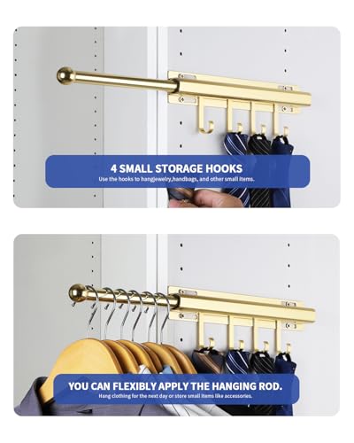 BaiNong 12" Valet Rod for Closet Pull Out With 4 Hooks Valet Rods for Closets (2Pack Gold) Closet Valet Rod Slide Out - color: Gold/2 Pack, size: 12 Inch
