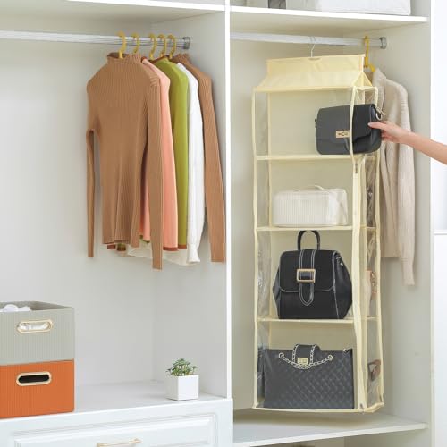 8 Grids in 1 Pack Hanging Purse Handbag Organizer with Double Zippers, Visible Purse Organizer for Closet, Fully Enclosed Purse Storage Holder-Beige - color: Beige, size: Not Rotatable