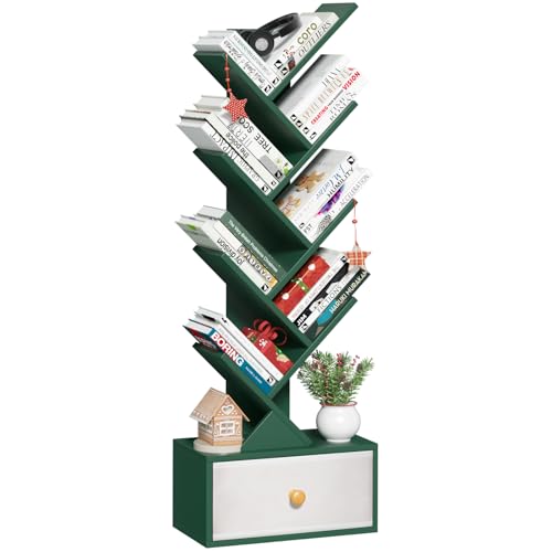 SHEEPAM 8 Tier Tree Bookshelf with Drawer, Free Standing Wood Green Bookcase for Narrow Space, Storage Organizer Bookshelves for Books, Book Case for Home Office, Living Room, Bedroom - color: Christmas Green, size: 8 Tier