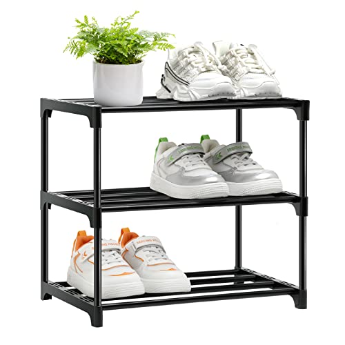 Stackable Small Shoe Rack for Closet 3 Tier, Sturdy Shoe Rack Organizer for Front Door Entrance and Entryway, Free Standing Metal Shoe Shelf Storage for Closet Bedroom Garage Black - size: 3 Tier