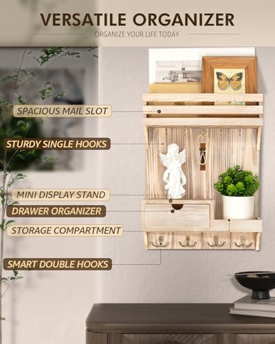 Rebee Vision Decorative Key Holder Wall Mount with Mini Drawer Organizer - Farmhouse Key Holder for Wall with Mail Organizer & 9 Key Hooks - Ideal Room Decor Aesthetic (Natural Wood) - color: Natural Wood, style: Small Drawer