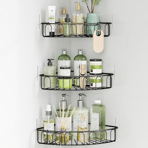 Orimade Corner Shower Caddy Stainless Steel with Hooks Wall Mounted Bathroom Shelf Storage Organizer Adhesive No Drilling 3 Pack, Matte Black Only for 90-Degree Corner - color: Matte Black
