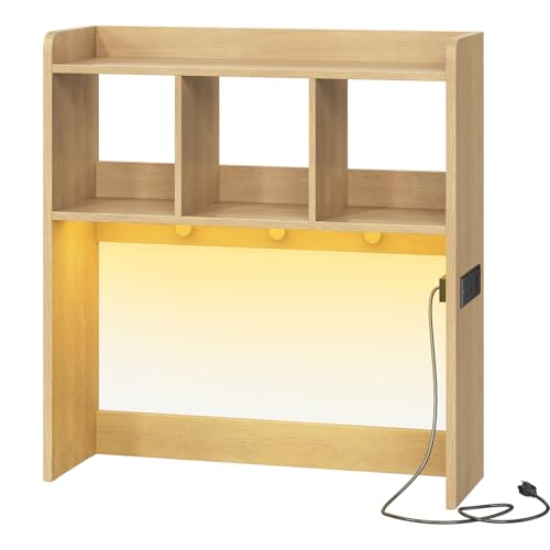 HOOBRO Desktop Bookshelf, Office Desktop Shelf, Desk Hutch with Outlets, Wooden Office Desktop Bookcase, Desktop Organizer Shelf with LED Light Strip and 3 Hooks, for Home, Study, Natural NL12UDSJ01 - color: Natural