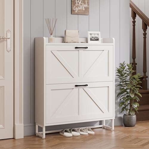 MU Shoe Storage Cabinet for Entryway, Hidden Shoe Cabinet with 2 Flip Drawers, Narrow Shoe Organizer Shoe Rack Cabinet with Metal Legs, White - color: White, size: 2 Drawers