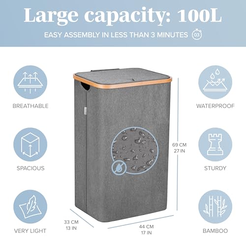 LONBET Laundry Basket with Lid, Made from Breathable Fabric | Aesthetic Clothes Hampers for Laundry with Side Handles & Sturdy Bamboo Frame (26 Gallons - Single, Gray) - color: Gray, style: 26 Gallons - Single
