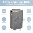 LONBET Laundry Basket with Lid, Made from Breathable Fabric | Aesthetic Clothes Hampers for Laundry with Side Handles & Sturdy Bamboo Frame (26 Gallons - Single, Gray) - color: Gray, style: 26 Gallons - Single
