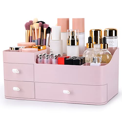 Makeup Organizer with Drawers,Large Capacity Countertop Organizer for Vanity,Bathroom and Bedroom Desk Cosmetics Organizer for Skin Care,Brushes, Eyeshadow, Lotions, Lipstick, Nail Polish - color: Pink-Large