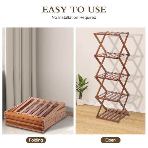 Bamboo Shoe Rack 5 Tier Foldable Shoe Rack Vertical Bamboo Shoe Organizer Free Standing Shelf for Entryway, Closet, Bedroom, Walnut Color - color: Walnut Color, size: 5-tier