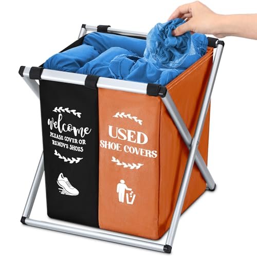 Wonderjune Foldable Disposable Shoe Cover Box Dispenser Fabric Storage Bin Holder with Used Shoe Covers and Welcome Please or Remove Sign for Open House Supplies (Black, Orange) - color: Black, Orange