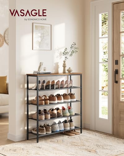 VASAGLE 5-Tier Shoe Rack, Large Shoe Storage Organizer for Closet, Entryway, 18-24 Pairs, with 4 Metal Mesh Shelves, 10.8 x 29.5 x 36.6 Inches, Rustic Brown and Black ULBS115KD01 - color: Rustic Brown, size: 5 Tiers (29.5"W)