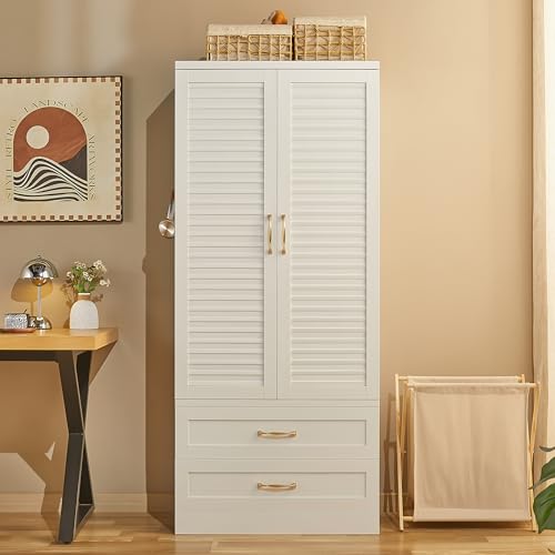 71" Freestanding Metal Wardrobe Closet with Drawers and Hanging Rod, Modern Steel Armoire for Bedroom Storage - color: Modern Cozy-white
