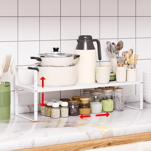 Expandable Cabinet Shelf Organizer Rack, Stackable Kitchen Counter Storage Shelves Stand, Adjustable Height Pantry Shelf Spice Rack(White-1 Pack, 8.7" D x 15.4-26.8" W x 9.8" H) - color: White-1 Pack