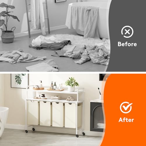 Lifewit Laundry Hamper 4 Section, 168L Pull out Laundry Clothes Basket Organizer with Large Top Shelf and 4 Removable Bags and Handles for Laundry Room Bedroom Bathroom, White with Shelves and Wheels - color: White, style: Laundry hamper with shelves and