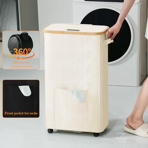 Laundry Basket with Wheels, Dirty Clothes Hamper on Wheels, Rolling Tall Laundry Hamper with lid for Laundry Room, Dorm and Bathroom, 75L Beige - color: Beige, size: 75L