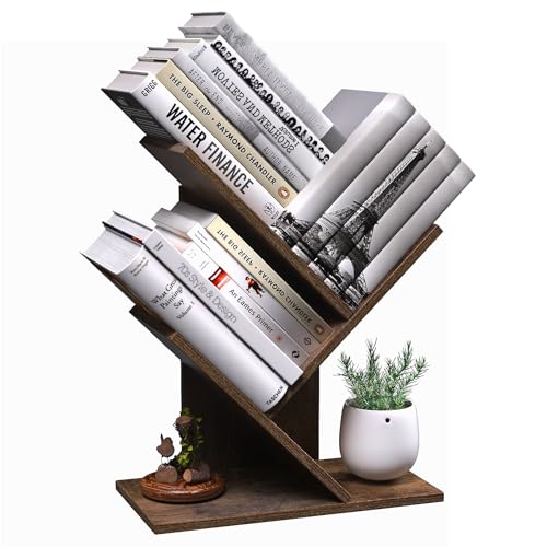 R RUISHENG 3 Tier Small Tree Bookshelf Desk Book Organizer Narrow Bookcases for Books Magazines CDs Free Standing Retro Wooden Storage Shelves for Home Office Bedroom Living Room Rustic Brown - color: Rustic Brown