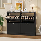 ONBRILL Shoe Cabinet with 4 Flip Drawers, Freestanding Ultra Slim Hidden Shoe Organizer with Classic Arched Pattern, 16-24 Pairs Shoe Storage Cabinet for Entryway Hallway Living Room (Black) - color: Black