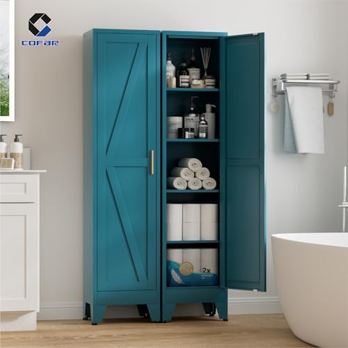 COFaR 67'' Tall Narrow Bathroom Storage Cabinet, Metal Farmhouse Skinny Pantry Cabinet with 4 Adjustable Shelves and One Door, Slim Cabinet Storage for Kitchen Laundry, 5-Tier Peacock Blue - color: Peacock Blue, size: 67 Tall Single Door-Farmhouse