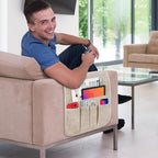 Couch Armrest Remote Control Holder, Couch Caddy Gifts for Seniors Bed Caddy Tv Remote Holder with 5 Pockets for Key Glasses Phone Magazine Holders - color: Beige