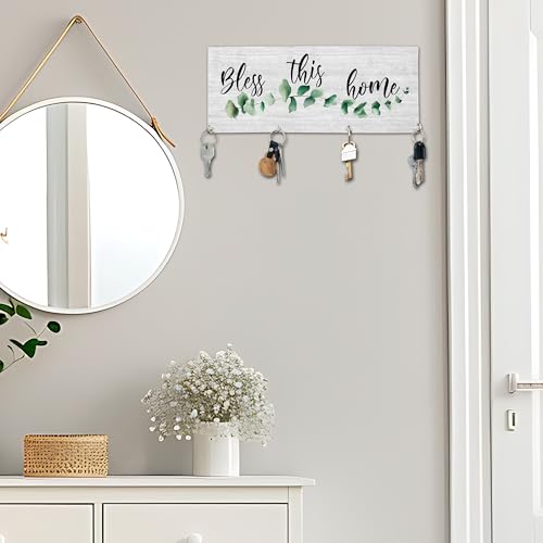 Bless This Home Wooden Key Holder for Wall - 5"x10" Key Organizer Hanger with 4 Hooks for Front Door Hallway Entryway Kitchen - Home Office Decor & Housewarming Gifts Supplies - A01 - color: Bless This Home