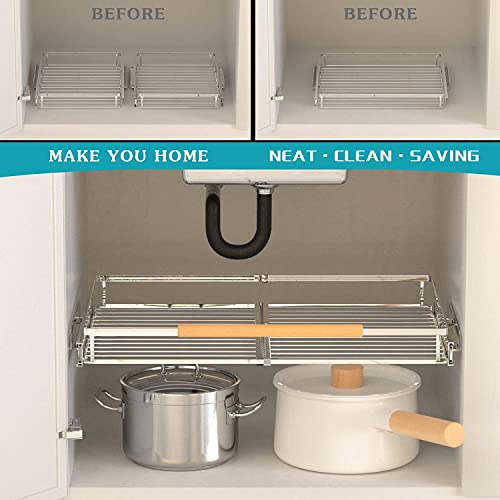 Expandable Sliding Basket, Pull-Out Cabinet Organizer, Heavy Duty Slide Out Pantry Shelves Sliding Drawer Storage for Kitchen, Under Sink, Wardrobe, 2 Pack Chrome 16.6''-27.8''W x 22''D - color: 2 pack, size: L(16.6''-27.8''W x 22''D)