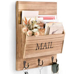 Tefola Wall Mount Mail Organizer with Key Hooks - Wooden Mail and Key Organizer, Letter Holder with 3 Hooks for Entryway Bedroom, 10.6 x 13.6 inches
