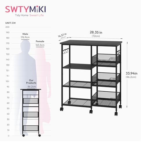 SWTYMIKI Kitchen Island Cart on Wheels - 28.35x14.57in Rolling Kitchen Table Cart with Storage Shelves, 6 Removable Hooks& Locking Casters, Coffee Bar Cabinet for Dining Room Pantry Office, Black - size: 28x14.57in, style: Black