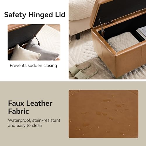 WUTUTUEE 41" Faux Leather Storage Ottoman, Stitch Tufted Rectangle Upholstered End of Bed Storage Bench, Entryway Large Couch Ottoman with Wooden Legs, Light Brown - color: Light Brown, size: 41 Inch