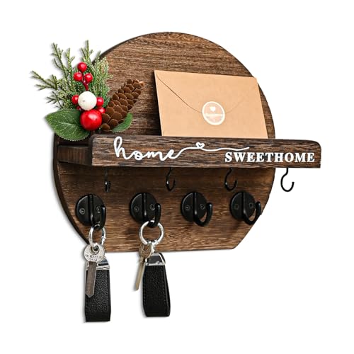 Key Holder for Wall, Key and Mail Holder Organizer - Key Holder Wall Mount with Bouquet Shelf and Key Hooks, Round Wooden Rustic Key Rack for Entryway and Home Decor (Brown) - color: Brown