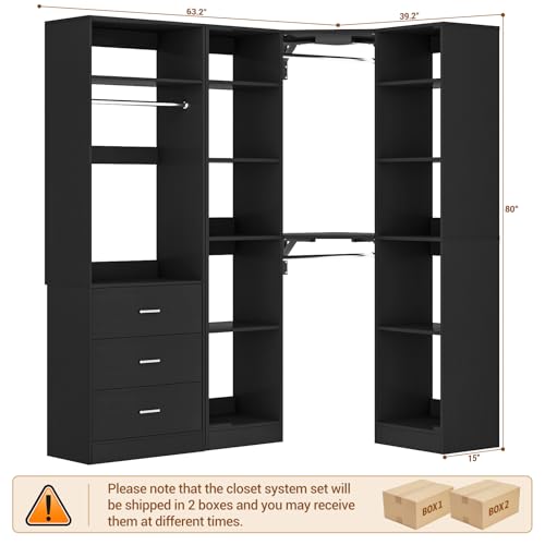 Besiost Corner Closet System with 3 Drawers, Corner Closet Organizer System with 13 Shelves & 3 Hanging Rods, 63.2"L * 39.2"W Reversible L Shaped Walk-in Closets, Load 2000+LBS, Black - color: Black, size: 39.2" * 63.2"