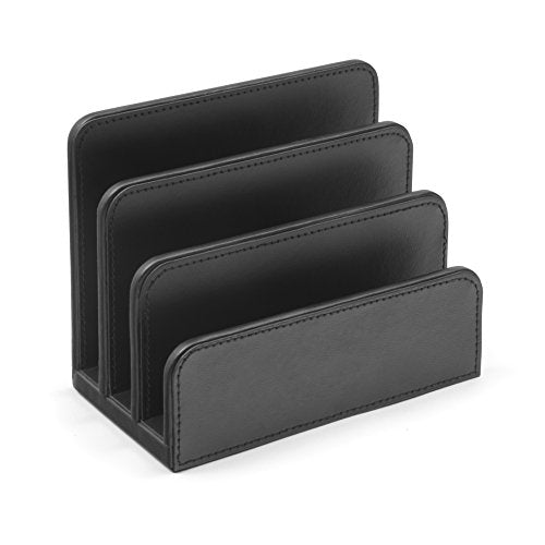 OSCO Black Faux Leather Letter Holder | Mail Sorter | Post Rack | Envelope Organiser | Document Stand | Desk File Storage | Display Slots | H14 x W17.5 D10 cm | - color: Black