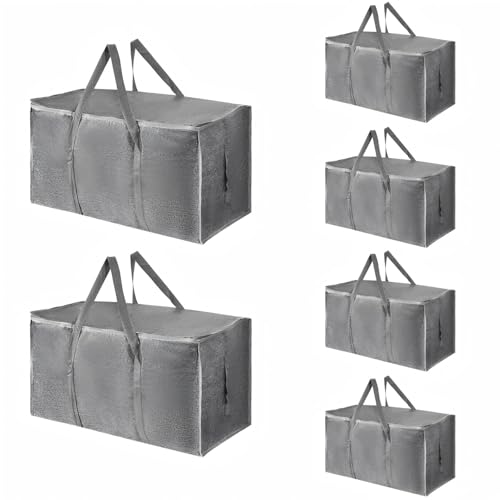6 Pack-Extra Large Heavy Duty Moving Bags - Waterproof Storage Totes with Handles & Zippers, Foldable for College Dorm, Storage (Gray) - color: Gray, size: 6