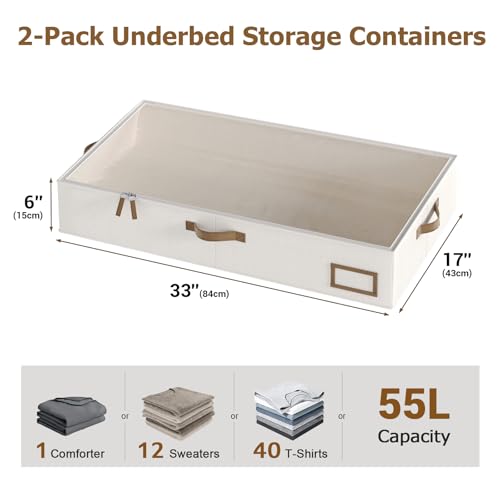 Under Bed Storage, Under Bed Storage Containers Bins for Clothes, Large Linen Underbed Closet Organization Bins, 2 Pack Collapsible Underbed Bin Dorm for Clothes, Sweater, Beige - color: Beige, size: 33"L x 17"W x 6"H