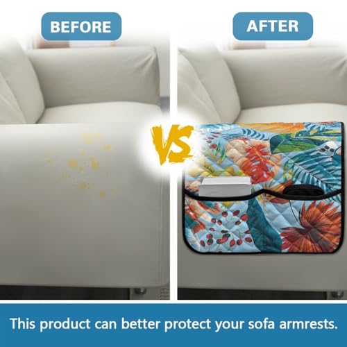 Colorful Palm Leaf Print Armrest Covers for Sofa Comfortable Sofa Armset Organizer Scratch Proof Recliner Arm Protector with 2 Side Storage Pocket for Magazine, Tablet, Phone - color: Colorful Palm Leaf