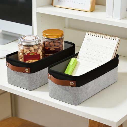 Bagnizer Small Fabric Storage Baskets, 15x6x5 inch Narrow Storage Bins 4-Pack Long Storage Basket for Organizing with Handles, Decorative Basket for Closets, Shelves, Toilet Paper, Grey - color: Gray / Black, size: Narrow-15"x6"x5"