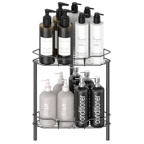 HuggieGems 2 Tier Floor Standing Corner Shower Caddy Organizer Shelf with Hooks, Bathroom Shelves Stand Rack, Matt Black - color: Matt Black, size: 2 Tier