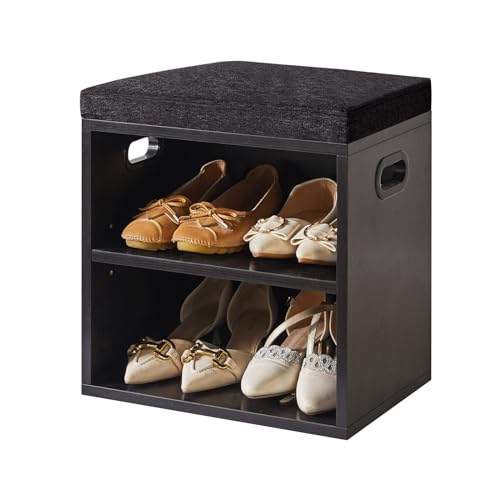 YMYNY Shoe Storage Bench with Cushion, 2 Tier Shoe Rack with Padded Seat, Adjustable Shoe Organizer Cabinet for Entryway, Living Room, Hallway, Closet, Bedroom, 15.4L*11W*16.54H, Black, UHBD028B - color: Black