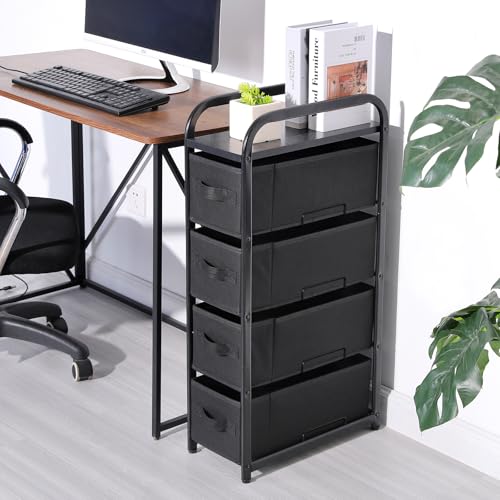 MAX Houser 4 Drawer Narrow Dresser Fabric Storage Tower Vertical Slim Storage Chest Organizer Nightstand Side/End Table Small Standing Organizer Removable Drawers Wood Top for Bedroom, Bathroom（Black) - color: Black4