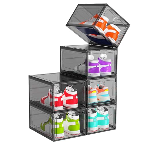 ARSTPEOE 6 Pack Upgrade Harder Shoe Organizer, Shoe Storage with Magnetic Front Door, Clear Shoe Boxes Foldable Space-Saving Shoe Rack for Sneaker Boot Container, Black - color: Black, size: Upgrade 6 Pack