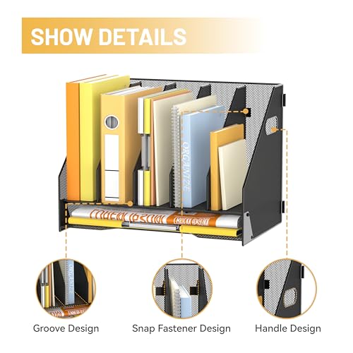 DALTACK Magazine File Holder, 5 Vertical Compartments Rack Binder Holder with Paper Tray, Metal Magazine Organizer for Office, Home, School (Black) - size: 5Rack