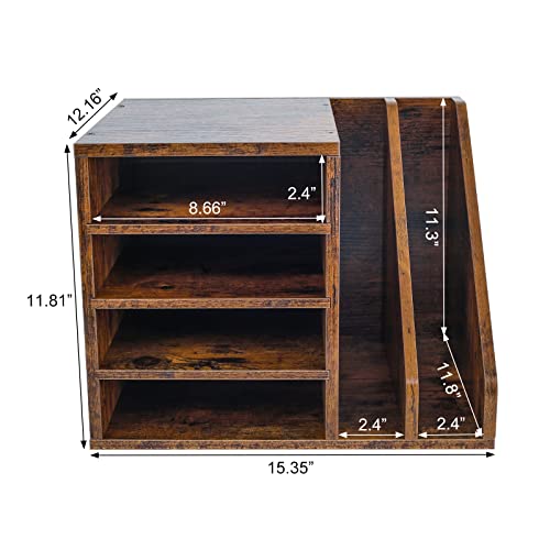PAG Wood Desktop File Holder Organizer Mail Sorter for File Folders, Mails, Envelopes, Mailing Supplies or Magazines, Brown - color: Brown