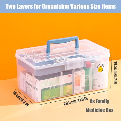 Clear Plastic Arts & Craft Supplies Organizer Box Large with a Removable Tray & A Partition & Handle, Office Home School Desktop Stationery Storage Box, Medicine Box (Clear & Ocean Blue) - color: Clear with Ocean Blue, size: Large